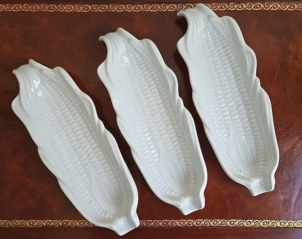 MCM Set Of 3 White Ceramic Corn On The Cob Plates Farmhouse Decor
